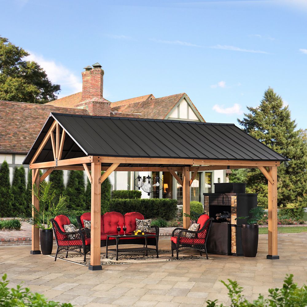 Sunjoy Columbus 14 Ft. X 12 Ft. Cedar Gazebo With Matte Black Steel ...