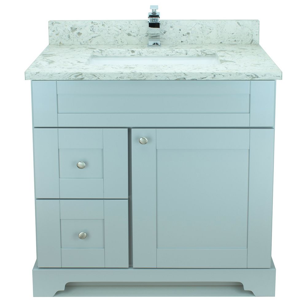 Lukx Bold Damian 36 Inch Vanity In Grey Left Side Drawers With Milky Way Quartz Top The Home Depot Canada
