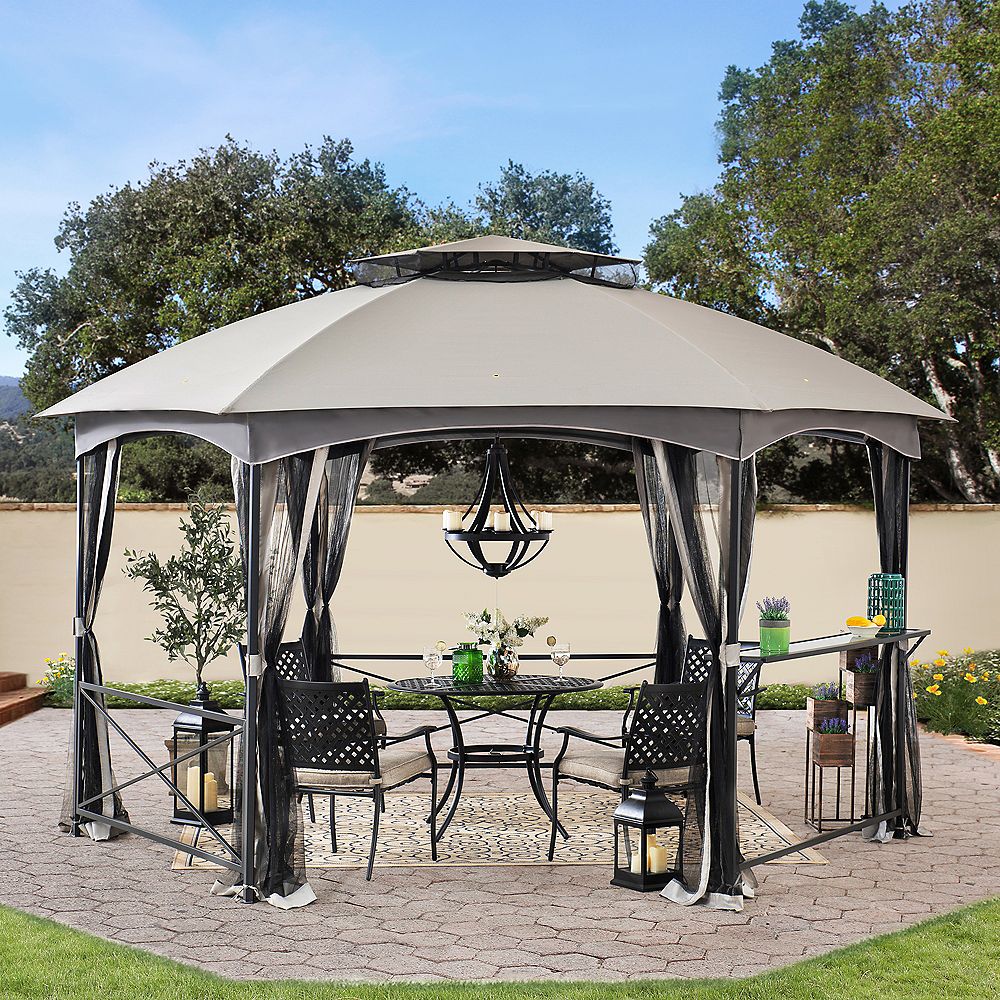 Sunjoy Alyssa 11 ft. x 14 ft. 2Tone Gray Hexagon Steel Gazebo with 2