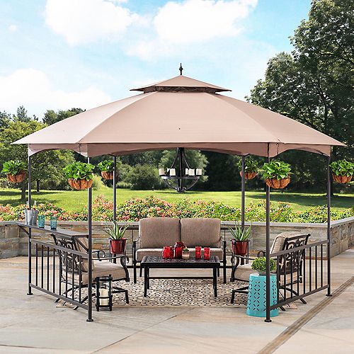 Britni 11 ft. x 13 ft. Brown Steel Hexagon Gazebo with 2-Tier Khaki Dome Canopy