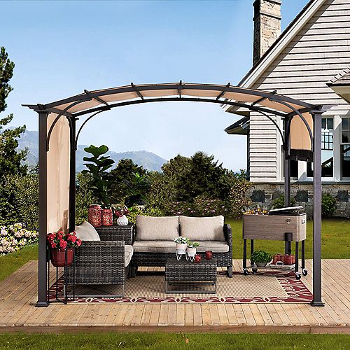 Sherman Oaks 10 ft. x 8 ft. Brown Steel Arched Pergola with 2-Tone Adjustable Shade