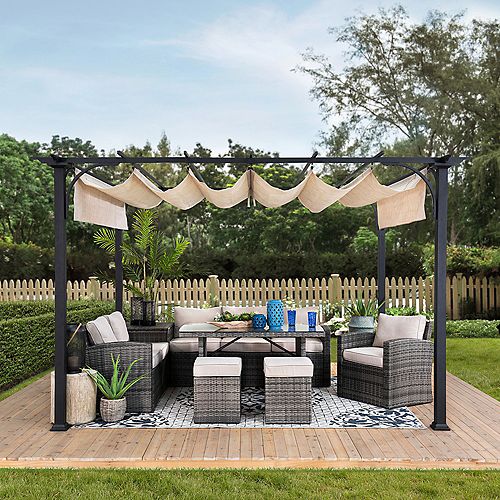 Lydia 10 ft. x 8 ft. Black Steel Classic Pergola with Adjustable Beige Shade