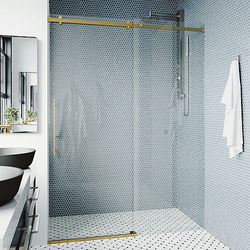 Luca 56 to 60 in. W x 79 in. H Sliding Frameless Shower Door in Matte Gold with Clear Glass