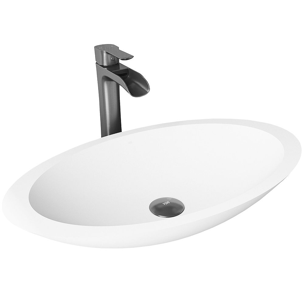 VIGO Matte Stone Wisteria Composite Oval Vessel Bathroom Sink in White with Niko Faucet an