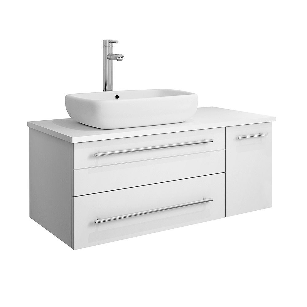 Fresca Lucera 36 Inch White Wall Hung Left Side Vessel Sink Modern Bathroom Vanity The Home Depot Canada