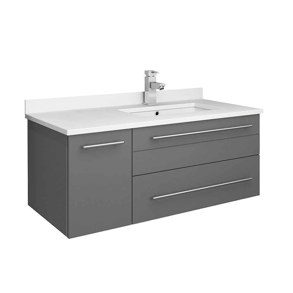 Fresca Lucera 36 Inch Gray Wall Hung Right Side Undermount Sink Modern Bathroom Vanity The Home Depot Canada