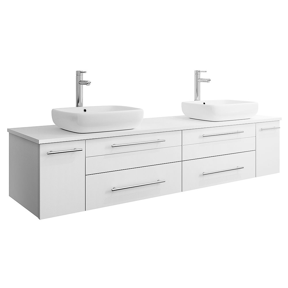 Fresca Lucera 72 Inch White Wall Hung, Vessel Sink Vanity With Drawers