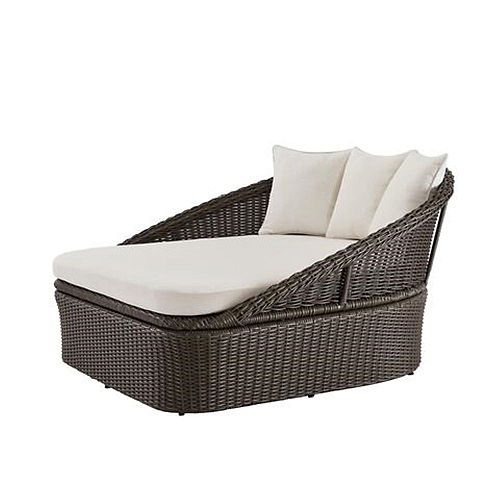 2-Person Brown Wicker Outdoor Patio Daybed with Almond Cushion