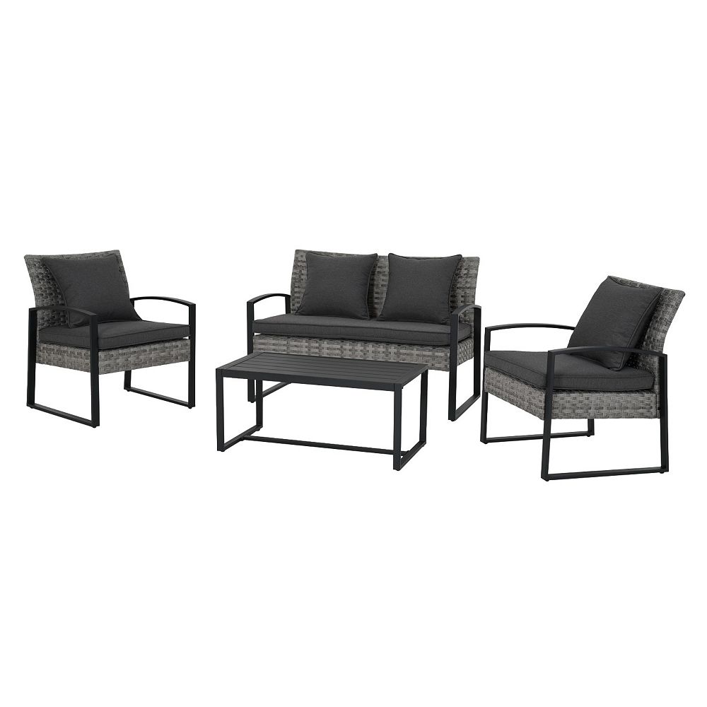 Hampton Bay Victoria 4-Piece Black Steel Patio Conversation Seating Set ...