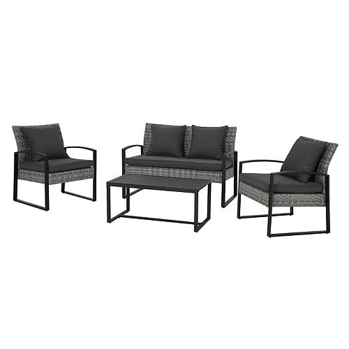 Victoria 4-Piece Black Steel Patio Conversation Seating Set with Gray Cushions