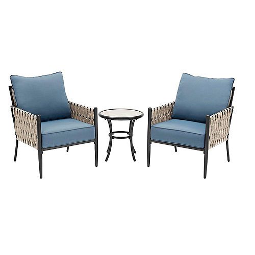 Dockview 3-Piece Bronze Steel Outdoor Patio Bistro Set with Blue Cushions