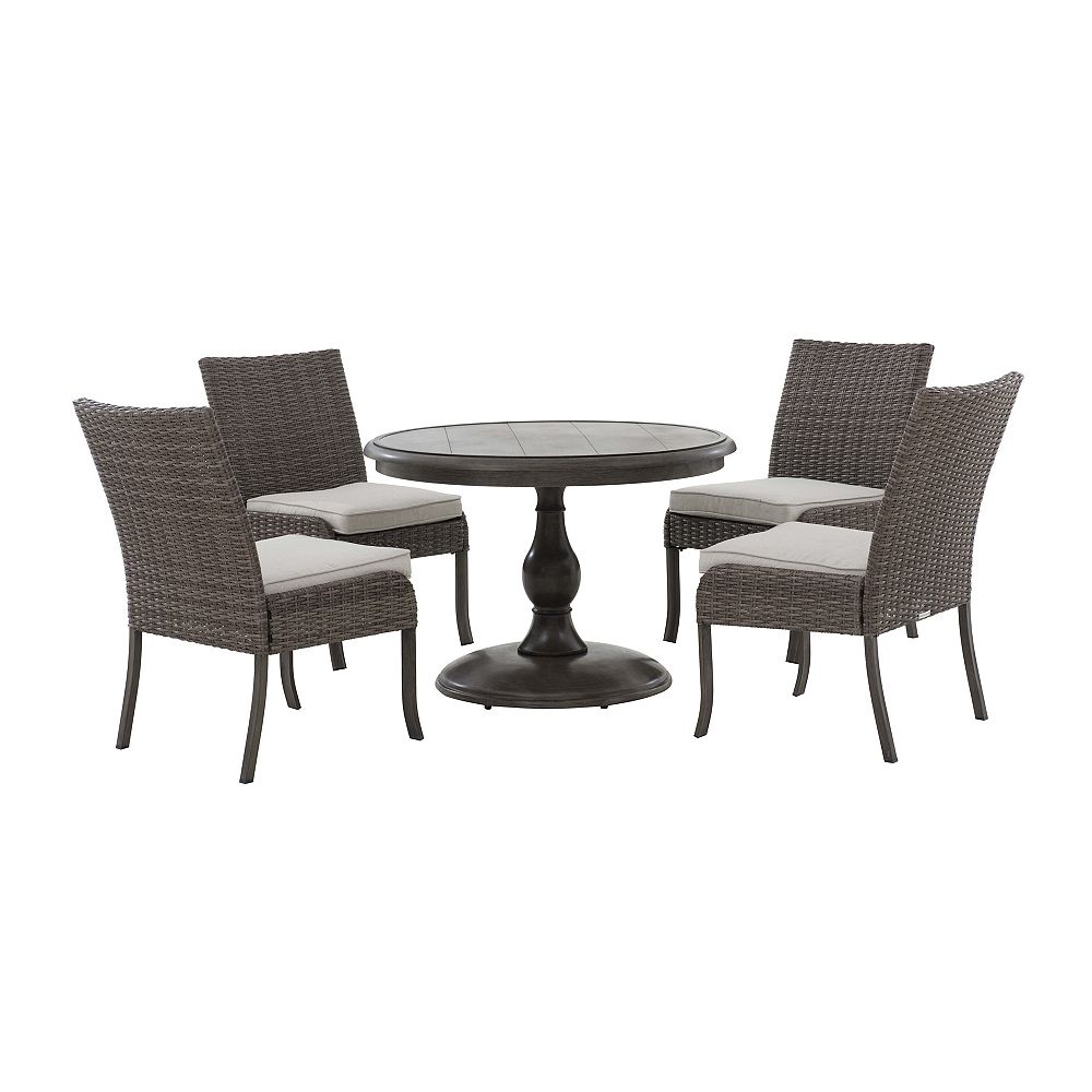 Hampton bay Windsor 5-Piece All-Weather Wicker Patio Round Dining Set with Beige Cushions