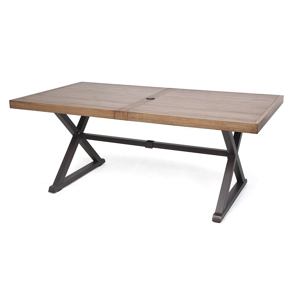 Stylewell 72 Inch Rectangular Metal Outdoor Dining Table With Farmhouse Trestle Base And T The Home Depot Canada