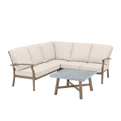 Beachside Rope Look Wicker Outdoor Patio Sectional Sofa Seating Set with CushionGuard Tan Cushions