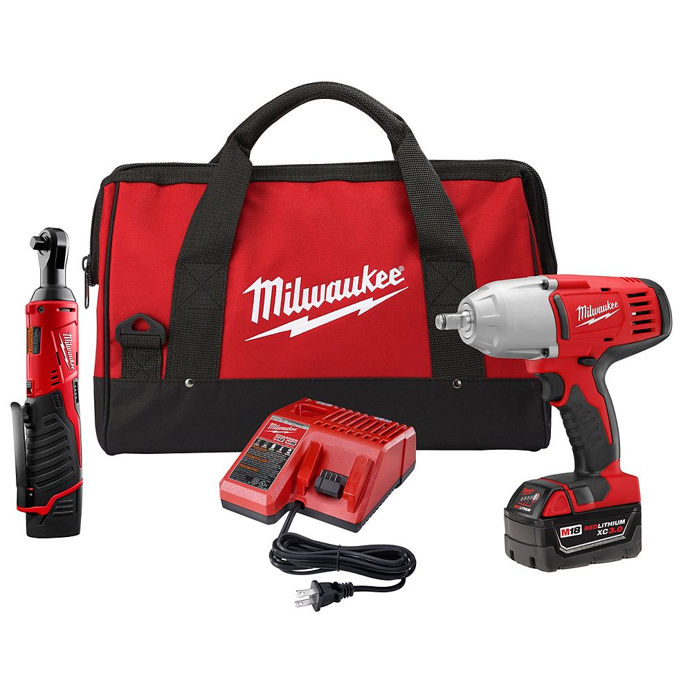 Milwaukee Tool M18 M12 Lithium Ion Cordless 3 8 Inch Ratchet 1 2 Inch Impact Wrench W The Home Depot Canada