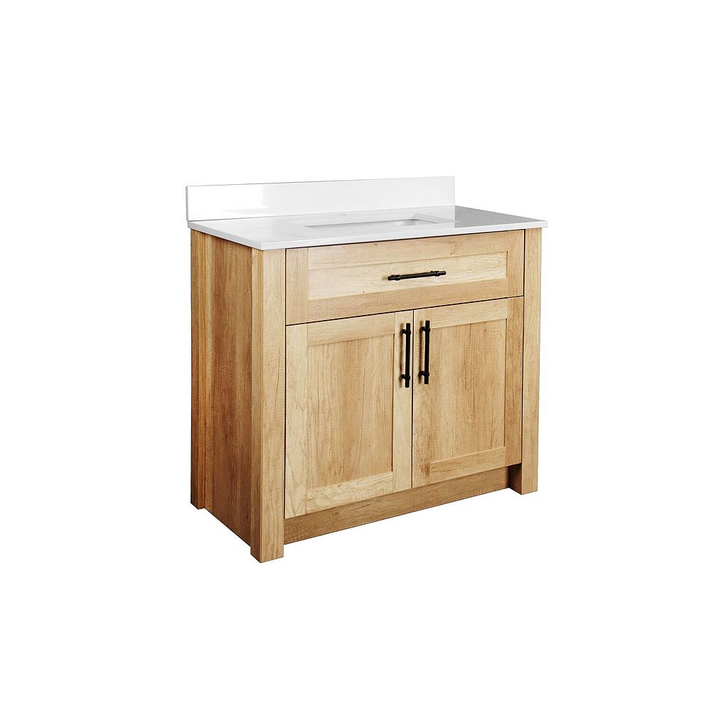 Hdc Farley 36 Inch Vanity With White Artificial Stone Vanity Top In Natural Wood Finish The Home Depot Canada