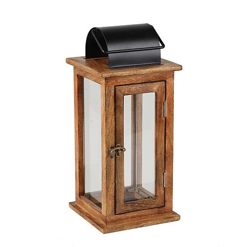 15.60-inch Wood Lantern with Black Finish Metal Top