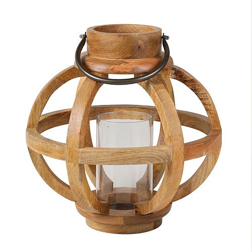 14 inch Wood Glass Round Lantern with Metal Handle