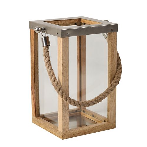 11-inch Natural Wood Metal Glass Lantern with Rope Handle