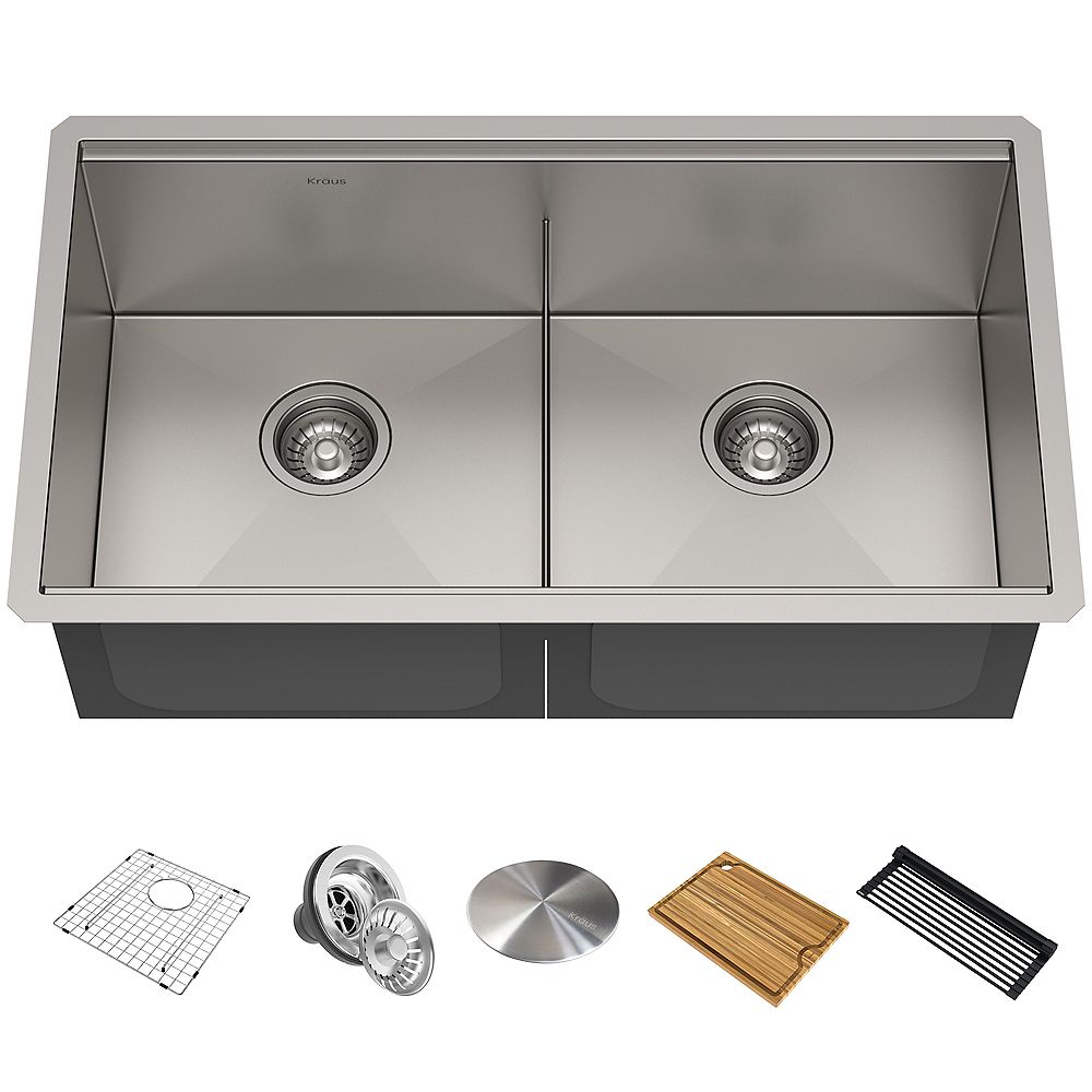 Kraus 33 Inch 16 Gauge Undermount Double Stainless Steel Sink With