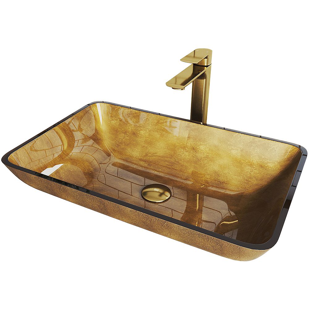 Vigo Glass Rectangular Vessel Bathroom Sink In Gold With Norfolk Faucet And Pop Up Drain I The Home Depot Canada