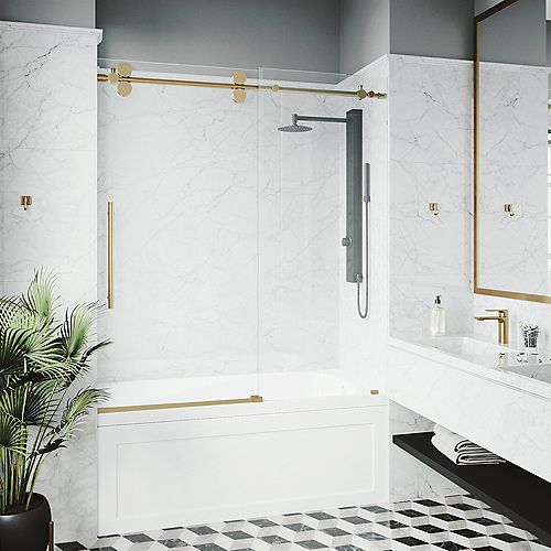 Elan 56 to 60 in. W x 66 in. H Sliding Frameless Tub Door in Matte Gold with Clear Glass