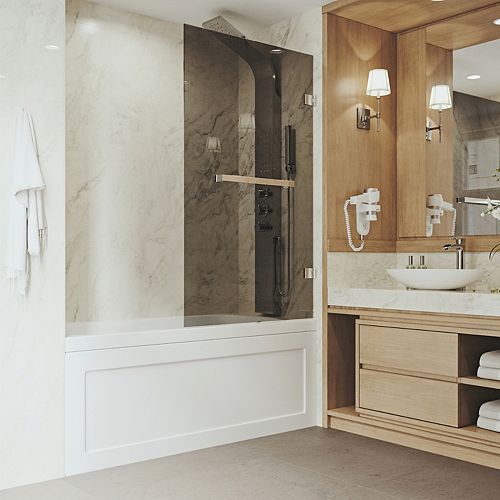 Rialto 34 in. W x 58 in. H Pivot Frameless Tub Door in Stainless Steel with Black Tinted Glass