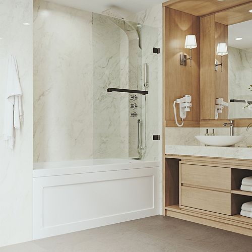 Rialto 34 in. W x 58 in. H Pivot Frameless Tub Door in Antique Brushed Bronze with Clear Glass