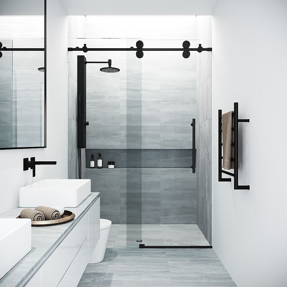 picture Pictures Of Frameless Shower Doors elan 64 to 68 in w x 74 in h sliding frameless shower door in matte black with clear glass
