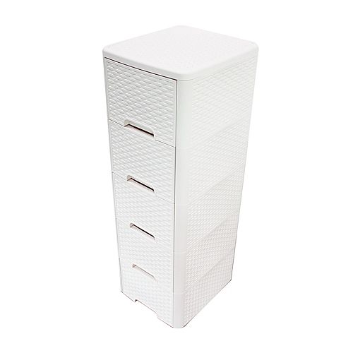 Rattan Style 5-Drawer Storage Tower in Ivory