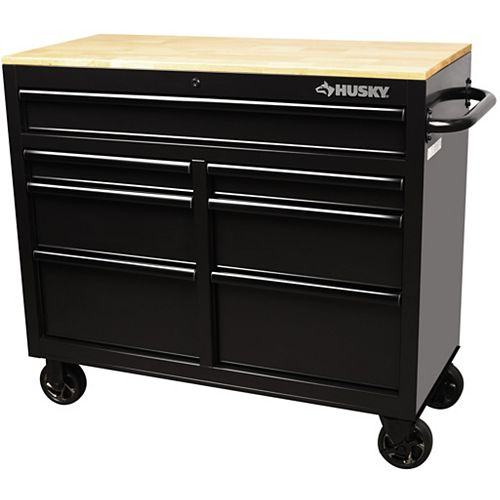 41-inch 7-Drawer Mobile Workbench with Solid Wood Top in All Black