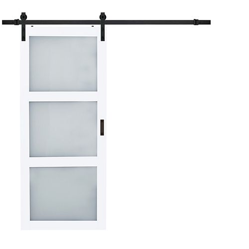 36-inch x 84-inch White 3 Lite Frosted Glass Barn Door with Matte Black Sliding Door Hardware Kit