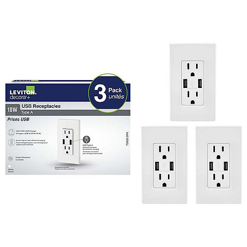 Decora Duplex 3.6amp USB Charger and 15amp Tamper Resistant Receptacle (3-Pack)