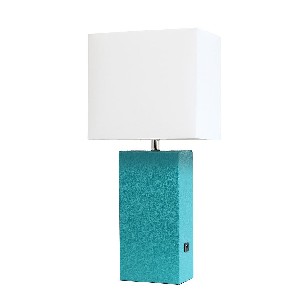 Elegant Designs 21 Inch Teal Modern Leather Table Lamp With Usb And White Fabric Shade The Home Depot Canada