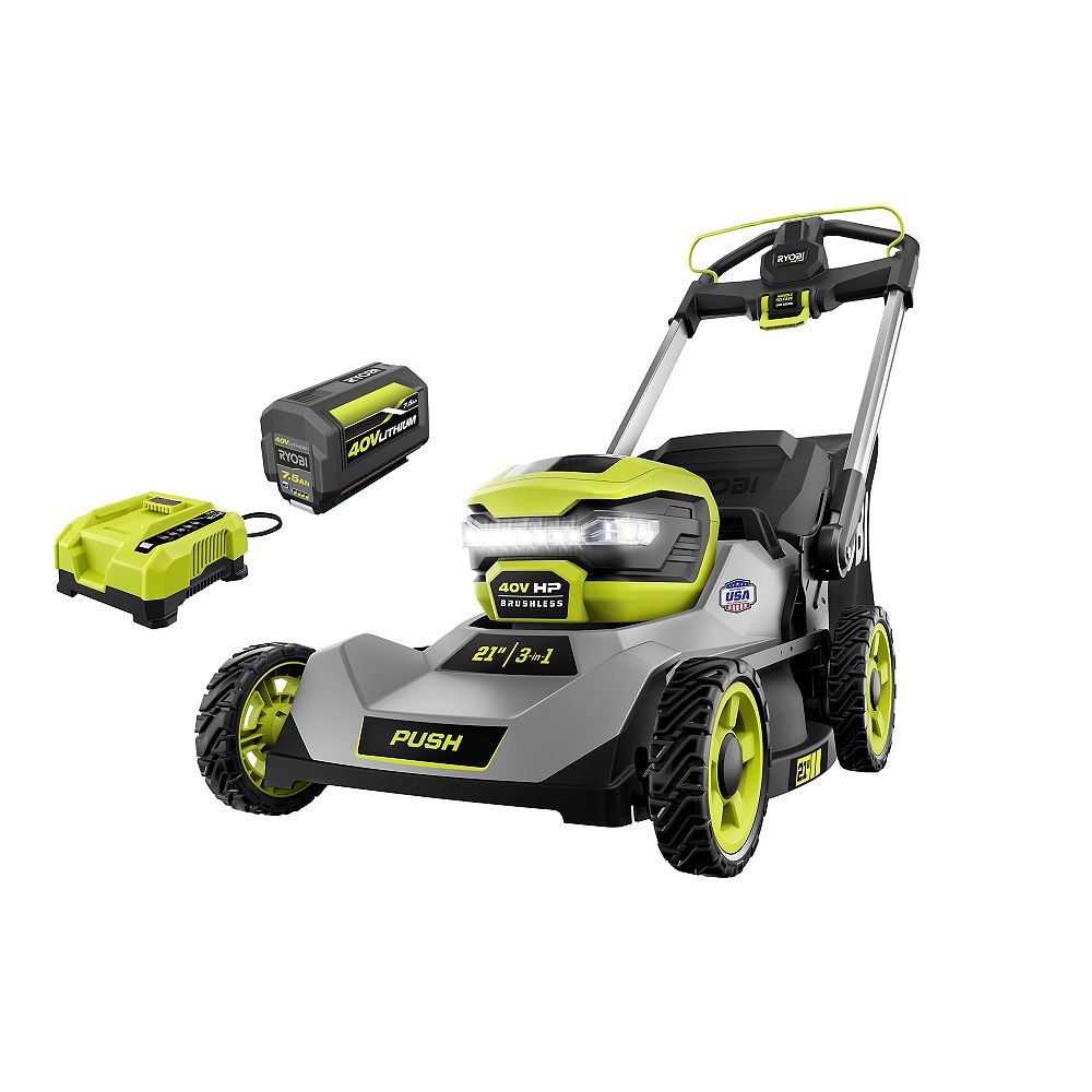 Ryobi 40v Hp Brushless Cordless 21 Inch Walk Behind Lawn Mower Kit With 7 5 Ah Battery And The Home Depot Canada