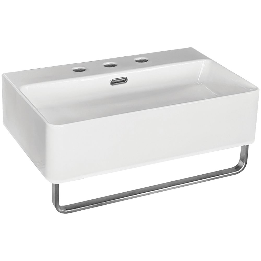 Glacier Bay Wall Mounted Bathroom Sink In White With 8 Inch Widespread Faucet Hole The Home Depot Canada