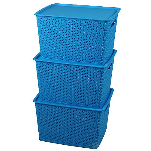 Basicwise Plastic Blue Storage Container box with Lid, Set of 3