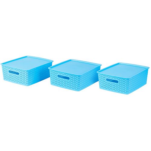 Basicwise Blue Small Plastic Storage Container with Lid, Set of 3