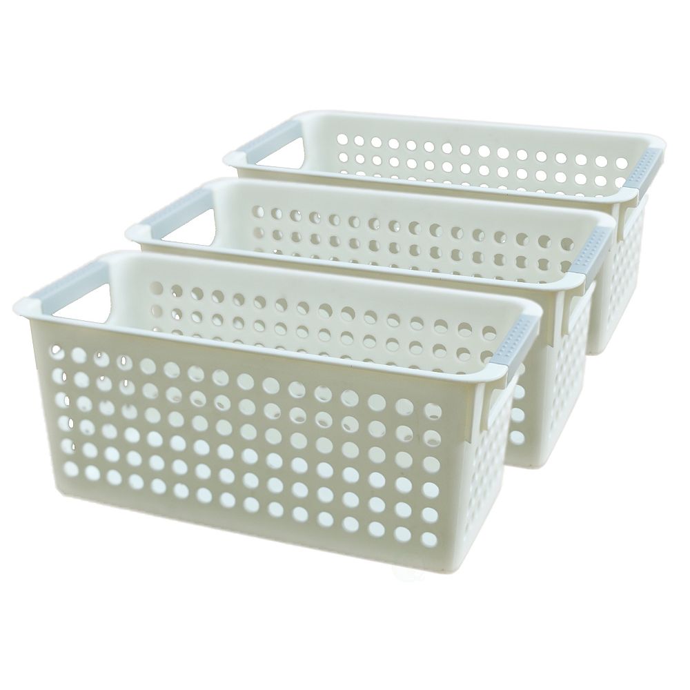 Basicwise White Rectangular Plastic Shelf Organizer Basket with Handles