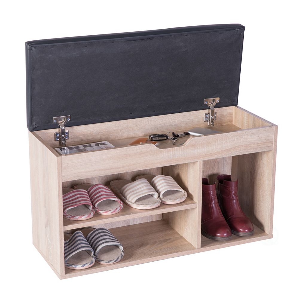 Basicwise Entryway Storage Shoe Rack with Top Seat, Oak