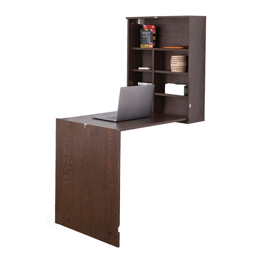 Basicwise Wall Mount Laptop Fold Out Desk With Shelves Brown The Home Depot Canada