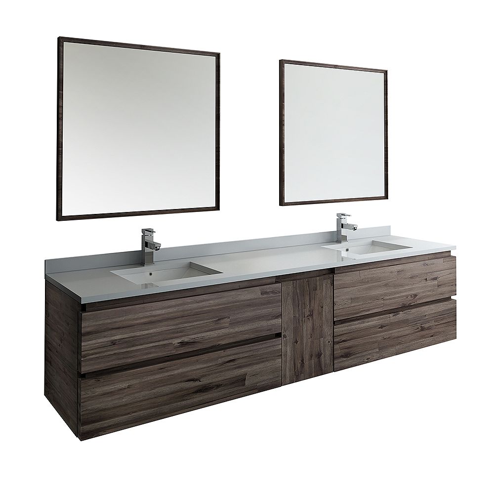 Fresca Formosa 84 Inch Wall Hung Double Vanity In Acacia With Quartz Stone Top In White