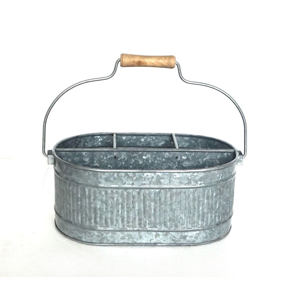 IH Casa Decor Galvanized Oval 4 Section Caddy With Wood Handle The