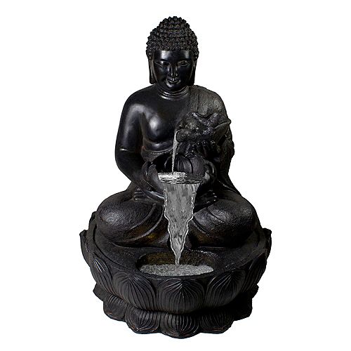 31.5" Black Buddha in a Flower Outdoor Garden Water Fountain