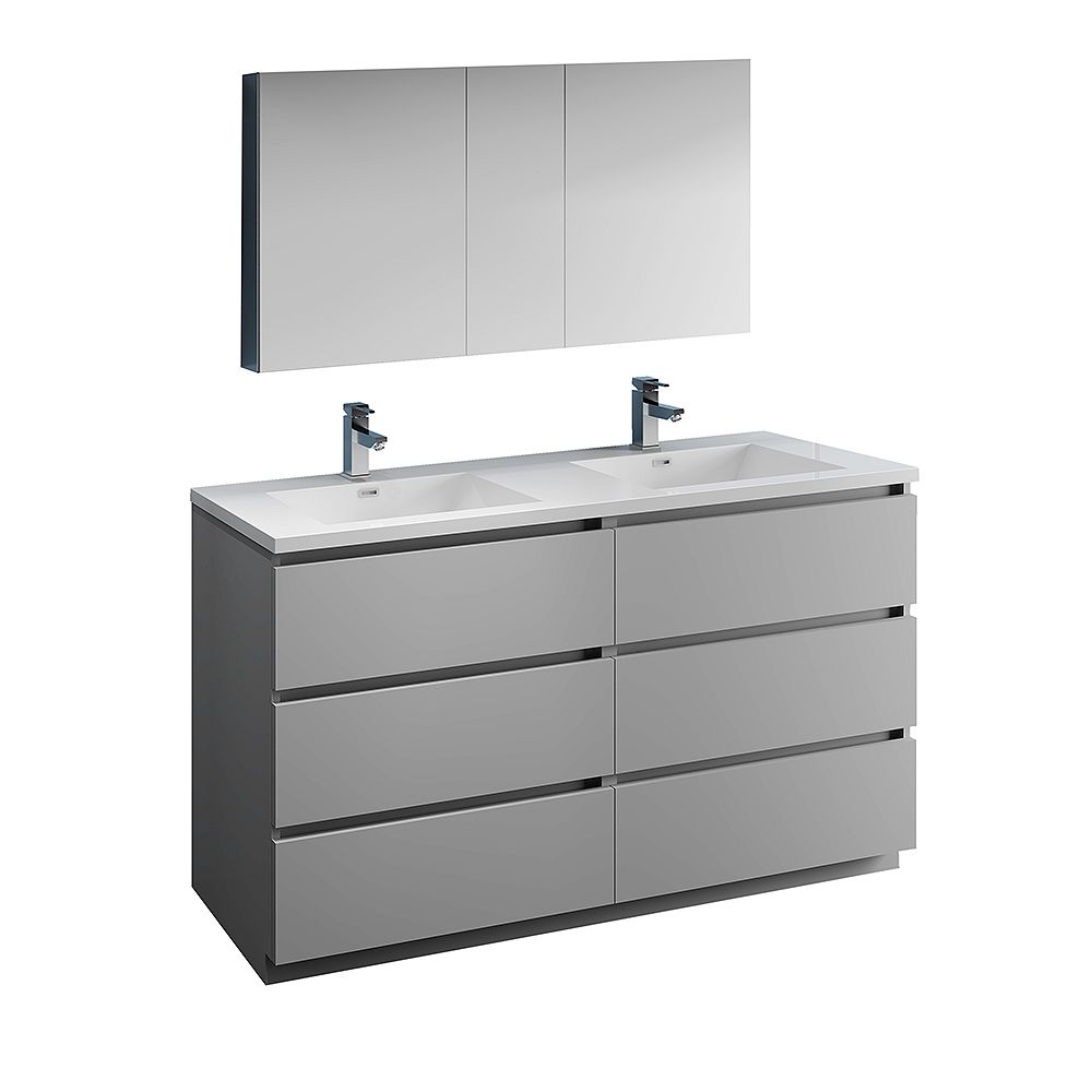 Fresca Lazzaro 60 Inch Free Standing Double Vanity In Gray With Acrylic Sink And Medicine The Home Depot Canada