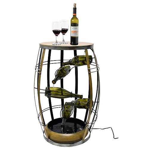 Vintage Metal Barrel Design Cascading Waterfall Floor Water Fountain with Tiering Wine Bottles