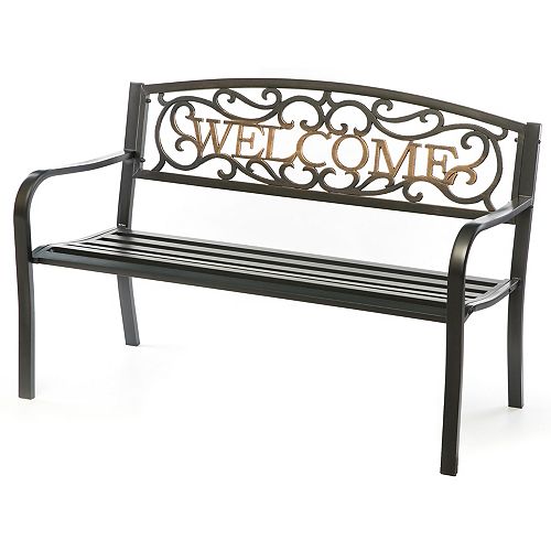 Steel Outdoor Patio Garden Park Bench with Cast Iron "Welcome" Backrest