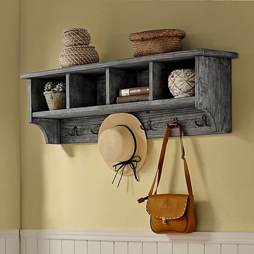 Pomona 48" Metal and Wood Entryway Coat Hook with Storage Cubbies, Slate Gray