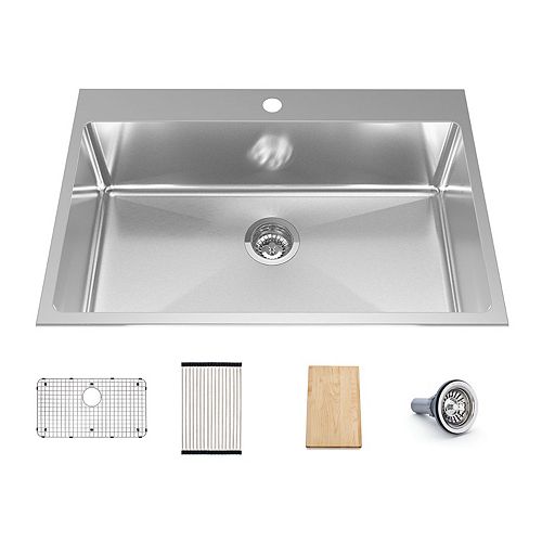 31.3-inch x 20.5-inch x 8-inch Single Bowl 18-Gauge Stainless Steel Workstation Sink