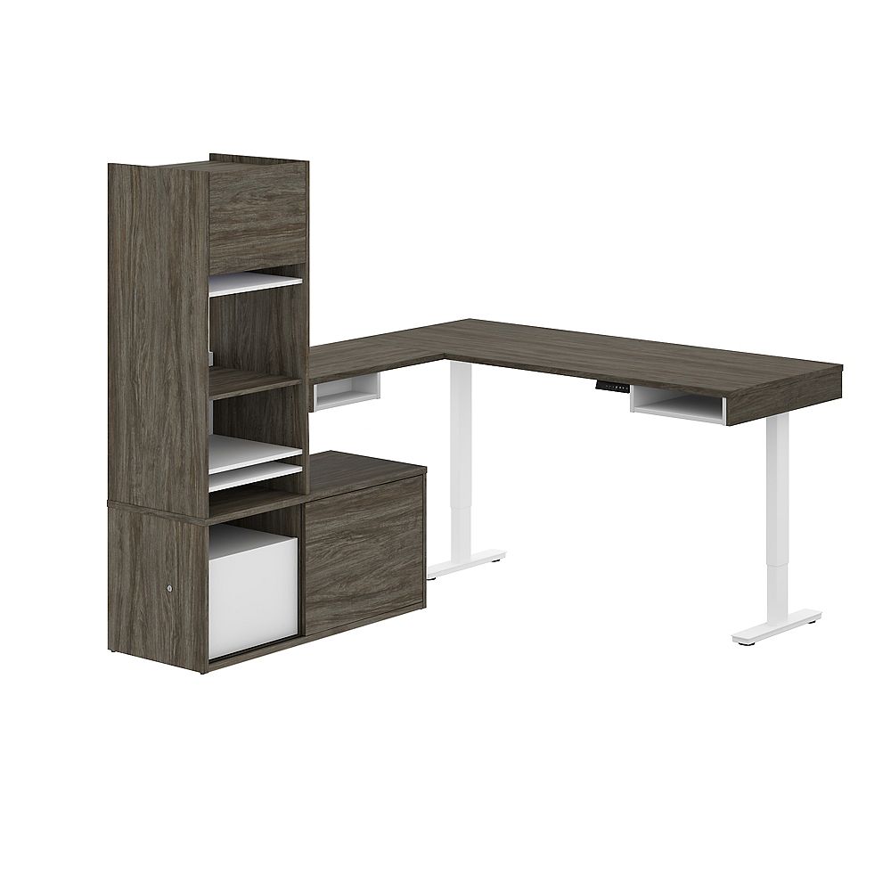 Bestar ProVega LShaped Standing Desk with Credenza and Hutch Walnut